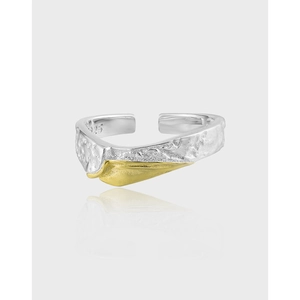 Anello Regolabile In Argento Sterling 925 Bicolore Placcato Oro Texture Martellata Geometrica Irregolare Gioielli Donna