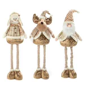 Three champagne gold Christmas plush dolls including Santa and Reindeer with long striped legs