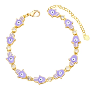 Bohemian Hamsa Hand bracelet with purple enamel charms and sparkling crystals