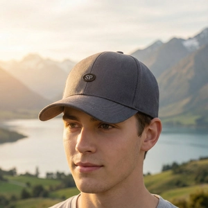 Dark grey men's baseball cap with SP logo shown in a scenic outdoor mountain setting