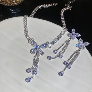 Elegant Butterfly Tassel Necklace And Earrings Jewelry Set Copper With Zircon Silver Earring Post For Women