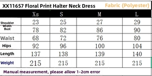 Size chart for floral halter maxi dress showing shoulder, bust, waist, and length in cm