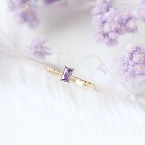 925 Sterling Silver Amethyst Ring French Vintage Rectangle Purple Gemstone Dainty Elegant Band Jewelry For Women