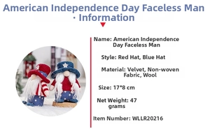Detail view of Independence Day gnomes with American flag patterns and velvet texture