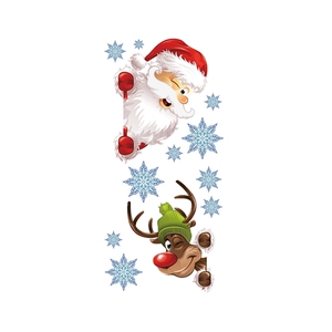 Sticker mural de Noël avec le Père Noël, renne et flocons sur fond blanc minimaliste