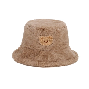 Cute brown plush bucket hat for women with cartoon bear embroidery for autumn and winter
