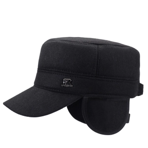 Winter men's flat top cap in black with fold-down ear flaps and warm fleece lining