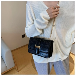 Detail of black crocodile pattern crossbody bag with gold chain strap and H-buckle