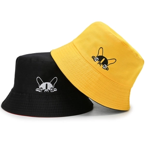 Reversible Bucket Hat Cotton Embroidery Cartoon Dog Foldable Versatile Sun Protection Unisex Outdoor Casual Accessory