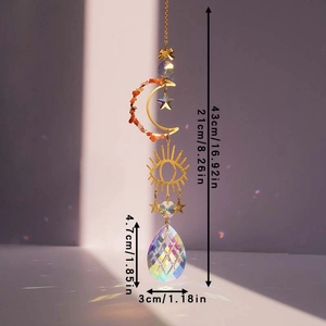 Detailed dimensions of 43cm moon suncatcher with orange stone and crystal prism