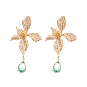 Luxury 18k gold plated flower earrings with green water drop gems and cubic zirconia