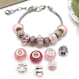 Pink series alloy charm bracelet set with faceted glass beads and pink crystal accents