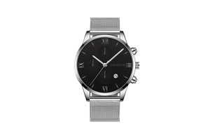 Detail of silver mesh strap watch with black Roman dial and three-eye calendar display
