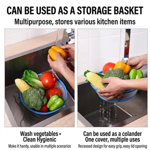 Collapsible microwave splatter cover and food strainer basket with blue silicone drainage holes