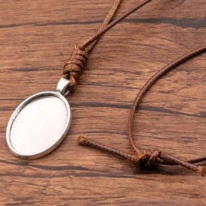 Antique silver oval pendant tray with brown PU leather cord for DIY jewelry making
