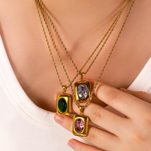 Gold plated stainless steel square sugar necklaces with colorful zircon for women