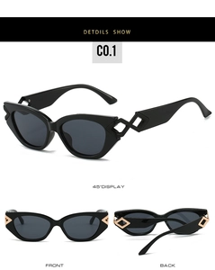 Detailansichten der schwarzen Cateye-Sonnenbrille mit hohlen geometrischen Bügeln
