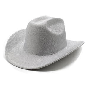 Top view of silver glitter cowboy hat with a wide brim and textured reflective surface