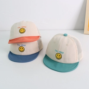 Toddler breathable mesh sun hat with embroidered smiley face and contrast brim for summer
