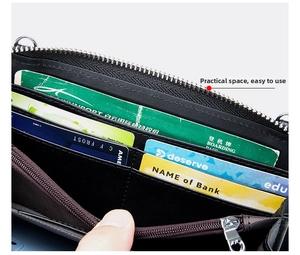 Detailed view of genuine leather phone bag interior with multiple card slots and zipper pocket