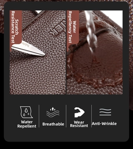 Close-up of brown litchi leather bag showing waterproof and anti-scratch durability