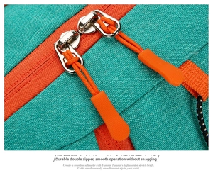Detail van de groenblauwe fietsrugzak met stevige oranje contrastrerende dubbele ritsen