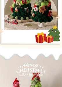 Close-up of DIY plush pompom Christmas tree with felt Santa and ginger man ornaments