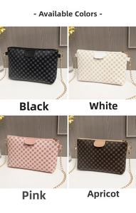 Collage of four vintage printed shoulder bags in black, white, pink, and apricot with chain