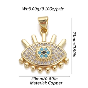 Detailed view of gold plated copper evil eye pendant with blue zircon stones and size specs
