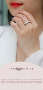 Close-up of 5mm D color moissanite eternity ring in 925 sterling silver on a finger