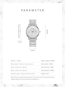 Detailed dimension guide for ultra-thin quartz watch with 40mm dial and steel strap
