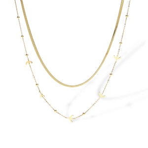 Double-layered gold plated stainless steel necklace with snake chain and crescent moon pendant