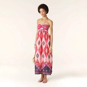 Halter Maxi Dress Polyester Ethnic Print Bohemian Vacation Beach Wear Lace-up High Waist Sleeveless Pink For Women