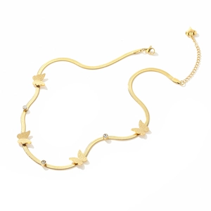 Gold plated butterfly snake chain necklace with four matte charms and crystal accents