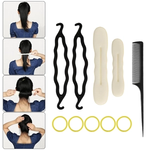 Hair styling tool kit with bun makers, tail comb, and steps for elegant hairstyles