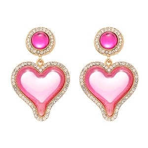 Exaggerated pink resin heart earrings with sparkling rhinestones and gold base