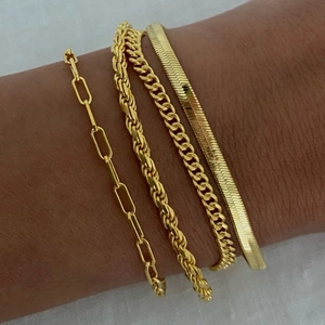 Minimalist 4-piece gold bracelet set including paperclip, snake, and curb chains for women