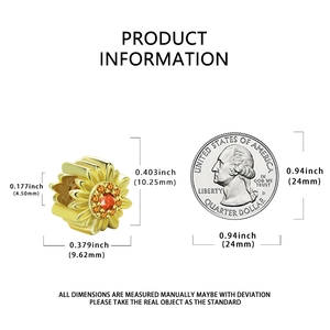 Detailed dimension of sunflower bead charm in gold finish with size reference coin