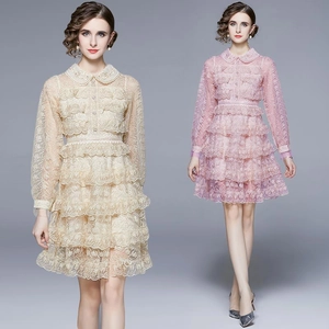 Robe Midi Élégante En Dentelle Femmes Col Claudine Manches Longues Broderie Florale Jupe Couches En Maille Taille Haute