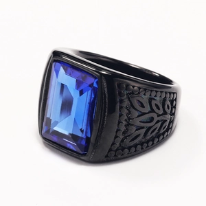 Men's black stainless steel ring with a large blue rectangular gemstone and leaf engravings