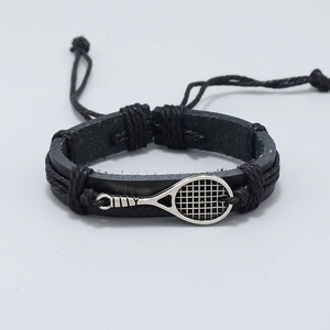 Bracelet en cuir noir fait main avec raquette de tennis réglable pour homme