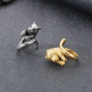Retro punk tiger head ring for men in gold and silver finish with adjustable open band