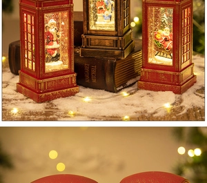 Close-up of vintage Christmas telephone booth lanterns with snowman and glitter snow