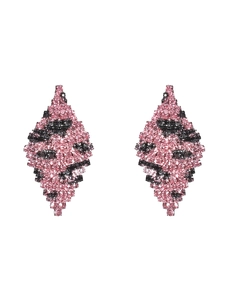 Detail view of geometric rhombus earrings with pink and black sparkling rhinestones