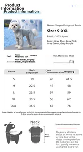 Size chart for waterproof dog jumpsuit with measurements from S to XXL for a perfect fit