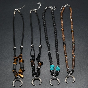 Bohemian Crescent Moon Pendant Necklace Lava Stone Turquoise Coconut Shell Beaded Tribal Vintage Jewelry For Men