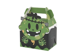 Close-up of Halloween green Frankenstein paper gift box with foldable handle and cartoon design