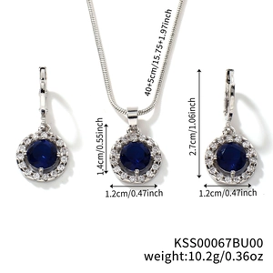 Detailed size parameters of silver necklace and earrings set with blue crystal