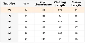 Detailed size guide table for women's sun protection clothing in US sizes 0XL to 5XL