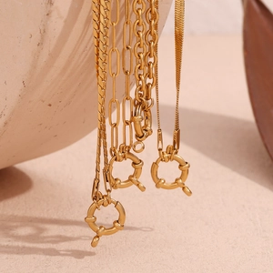 Detailed view of 18K gold plated stainless steel necklaces with various chain styles